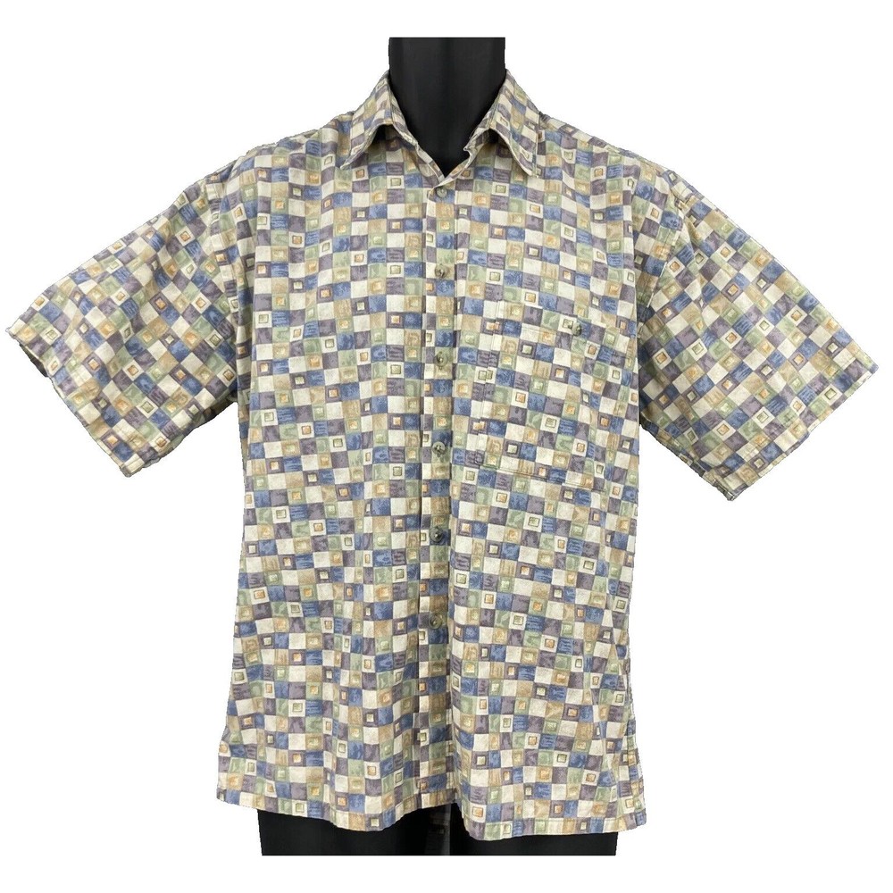 Vintage Via Veneto Button Shirt Mens Medium Short Sleeve Pocket Cream Geometric